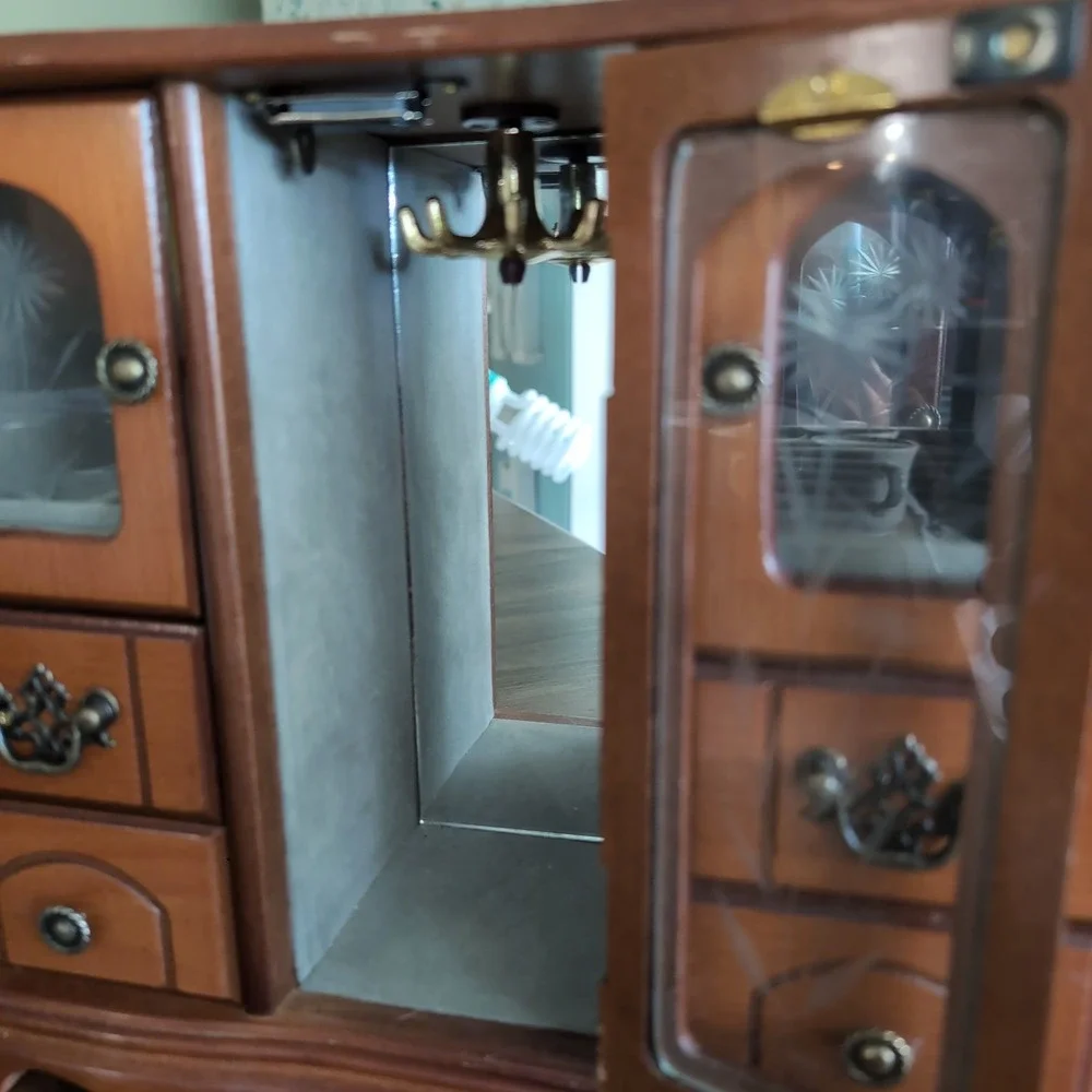 Vintage Jewelry Armoire Organizer Etched Glass Floral Wood Chest Velvet Mirrored